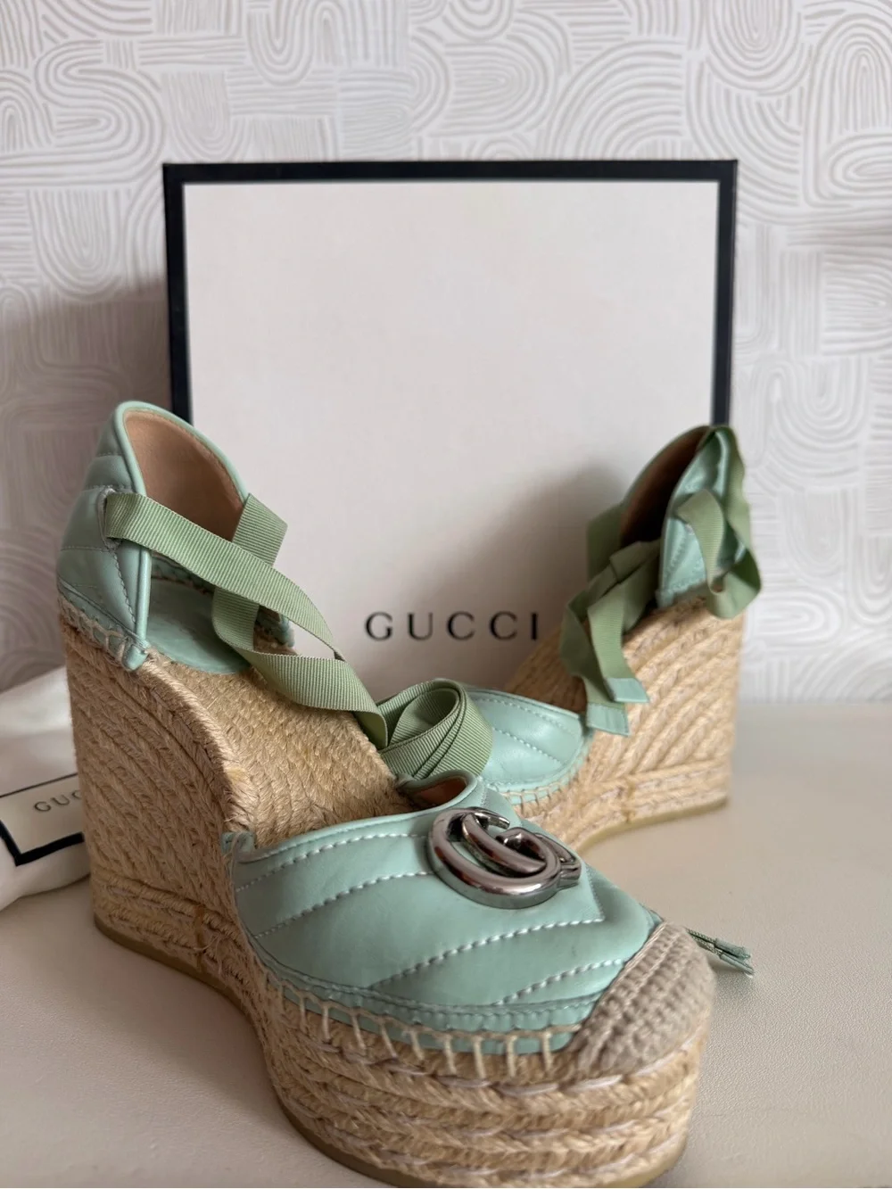 Gucci Mint Green Quilted Espadrille Wedge Sandals with Ribbon Ties